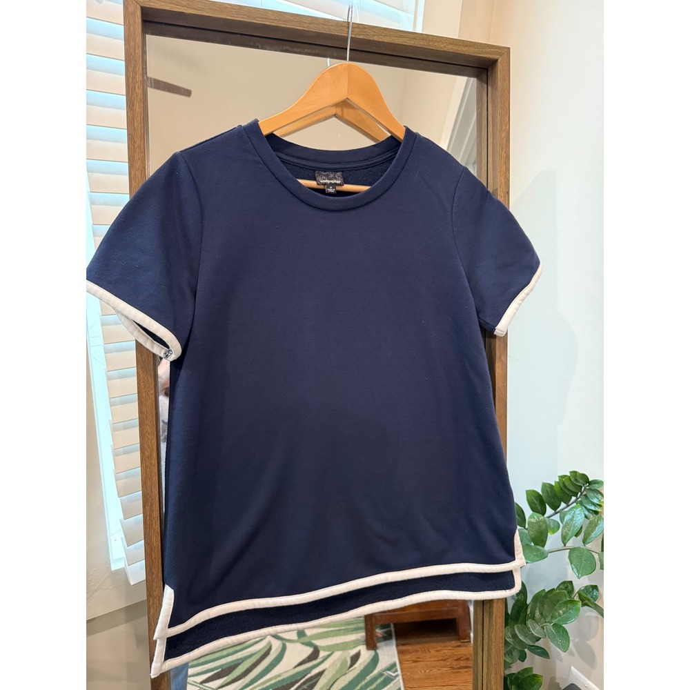 Wallpather Women's Navy Blue Short Sleeve Crew Neck Top With White Trim Size M